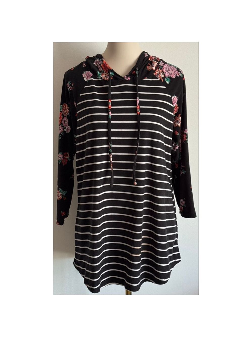 Women's Ultra Flirt Plus 1X Black & White Striped Floral Hoodie